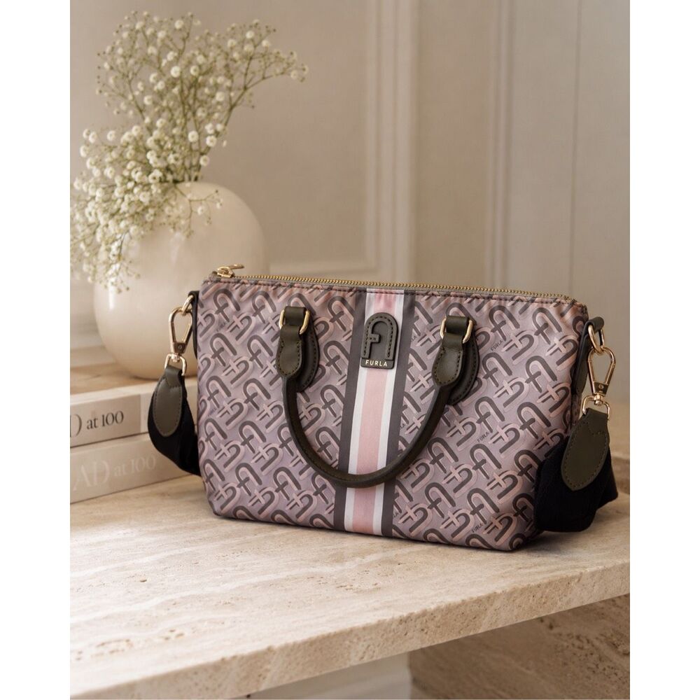 Furla Monogram Nylon Satchel Crossbody Bag Pink Green Stripe Designer Tote, $395